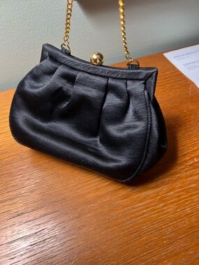 Vintage Bechamel Black Satin Evening Handbag Gold Chain Strap and Snap Closure